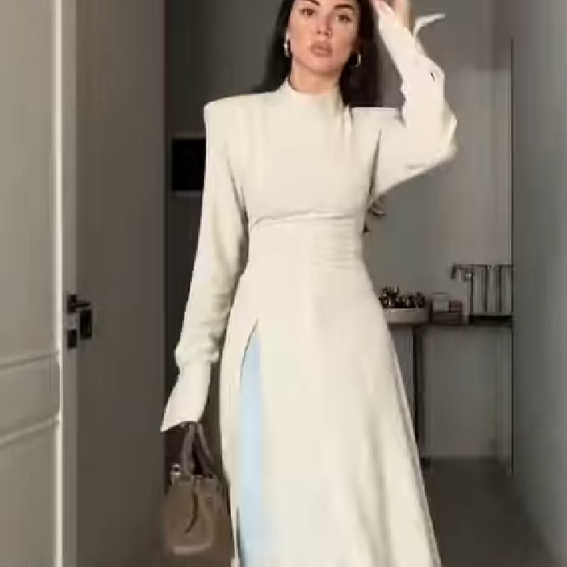 Women'S Office Formal Wear For Ladies - 여성 우아한 하이넥 긴팔 맥시 드레스