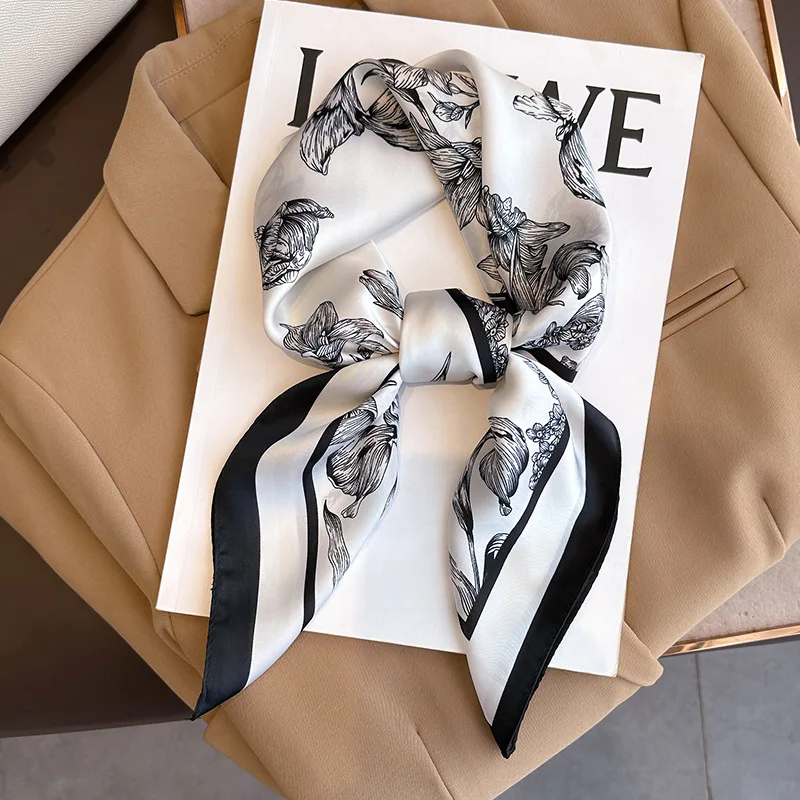 Scarf Silk Neck - 여성용 플라워 프린트 실크 스퀘어 스카프,