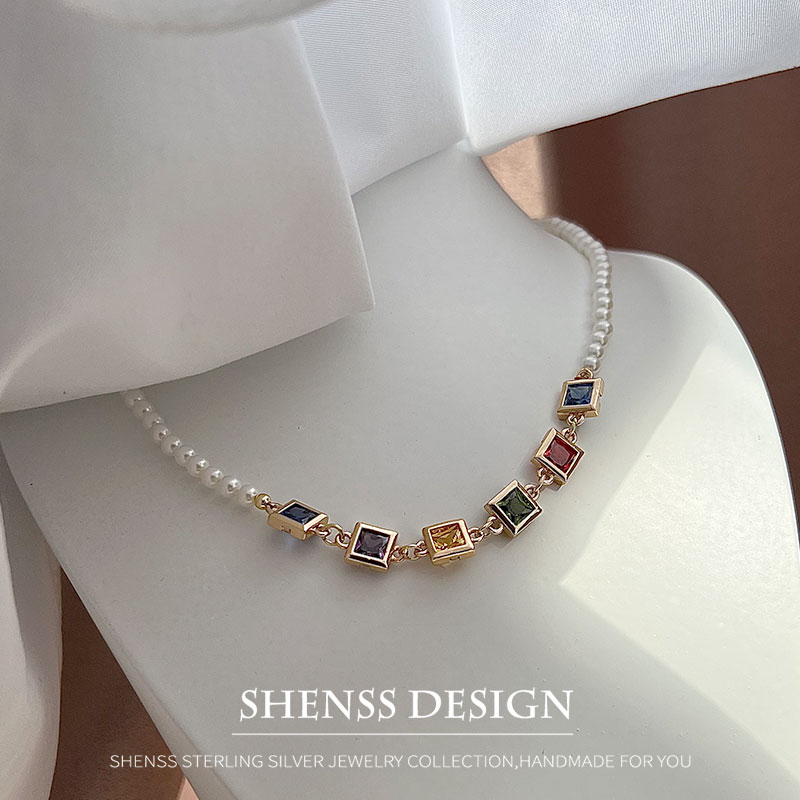 Pearl Necklace Set - 모조 진주 사각 지르콘 목걸이 구리