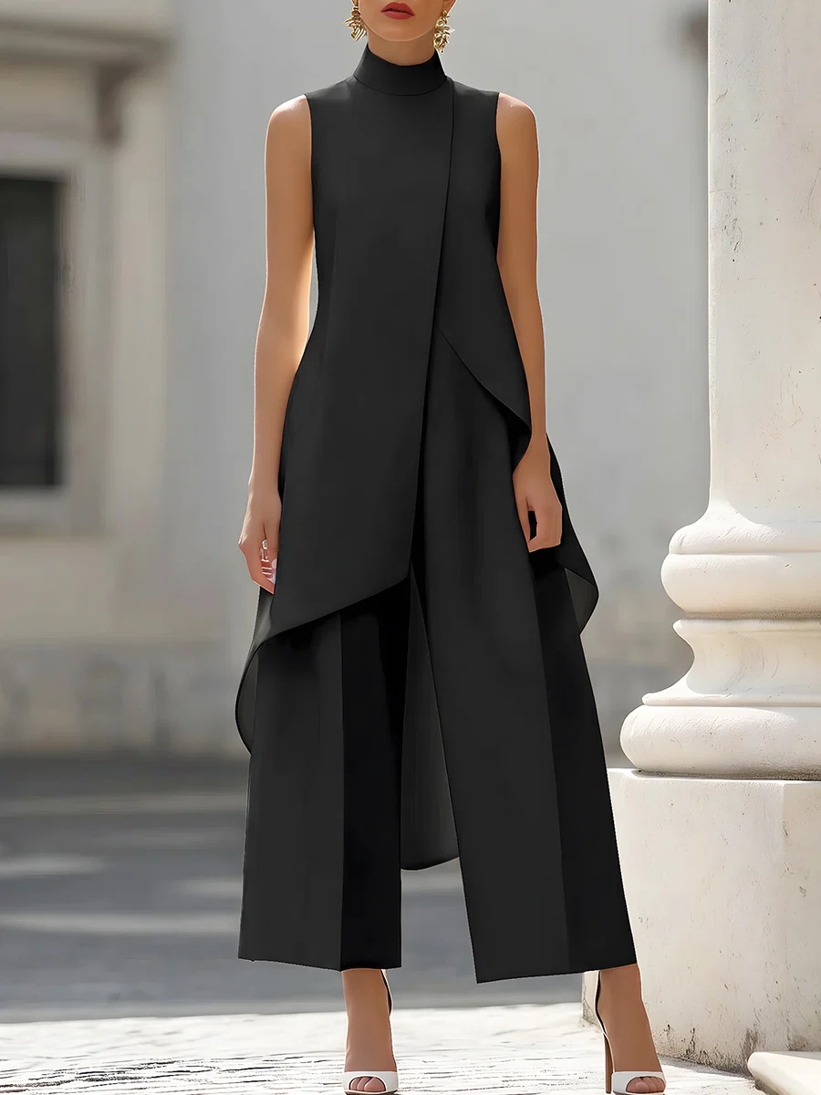 Women'S Formal Wear With Pants - 슬리브리스 하이넥 비대칭 오버레이 점프수트 와이드