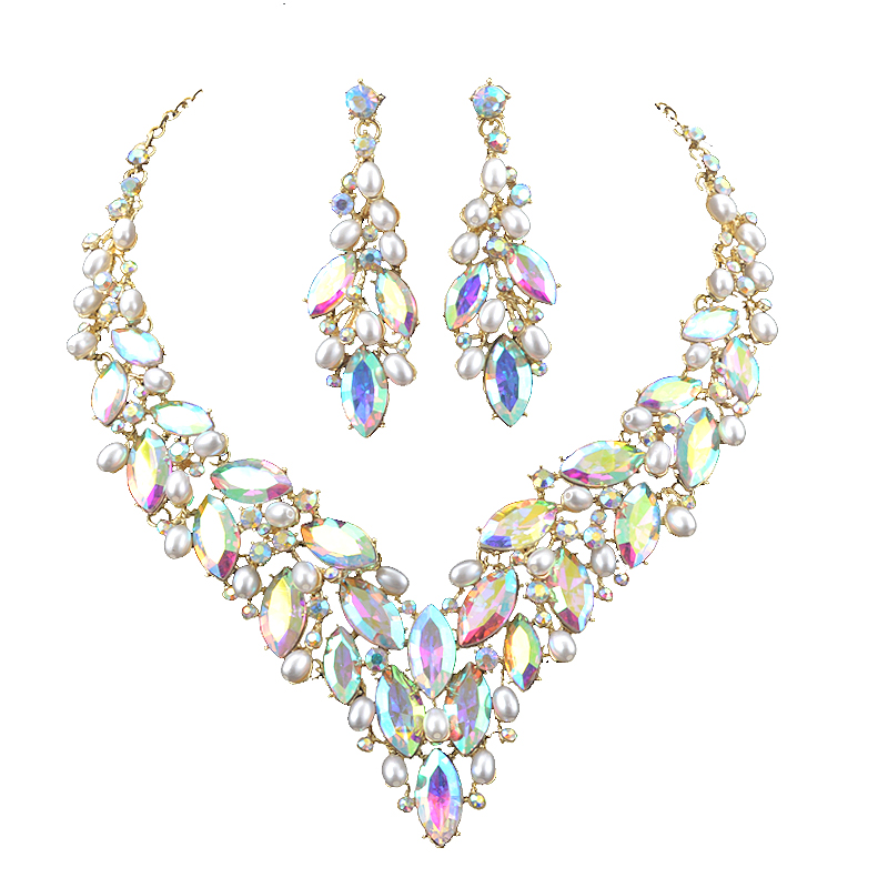 Pearl Necklace Set - 섬세한 골드 진주 크리스탈 목걸이 귀걸이,
