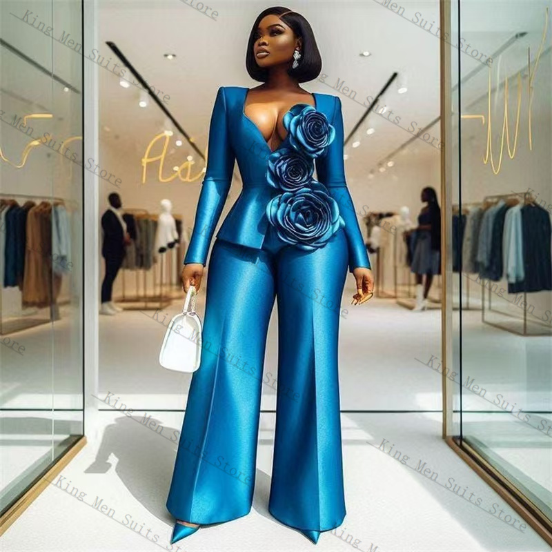 Women'S Formal Wear For Wedding Guest - 블루 새틴 여성 정장 세트 2피스