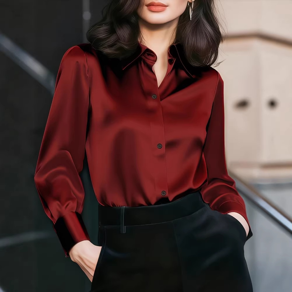 Women'S Office Formal Wear For Ladies - 여성용 새틴 라펠 칼라 블라우스 버튼