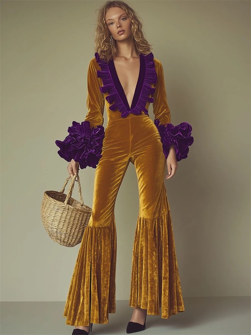 Women'S Formal Wear For Wedding Guest - 옐로우 퍼플 벨벳 여성 점프수트 섹시한