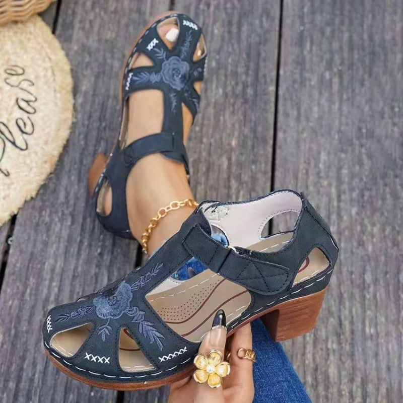 여성용 샌들 미드 블록 힐 꽃무늬 자수 컷아웃 오픈 토 - Formal Women Daily Wear Sandals 리뷰 및 가격