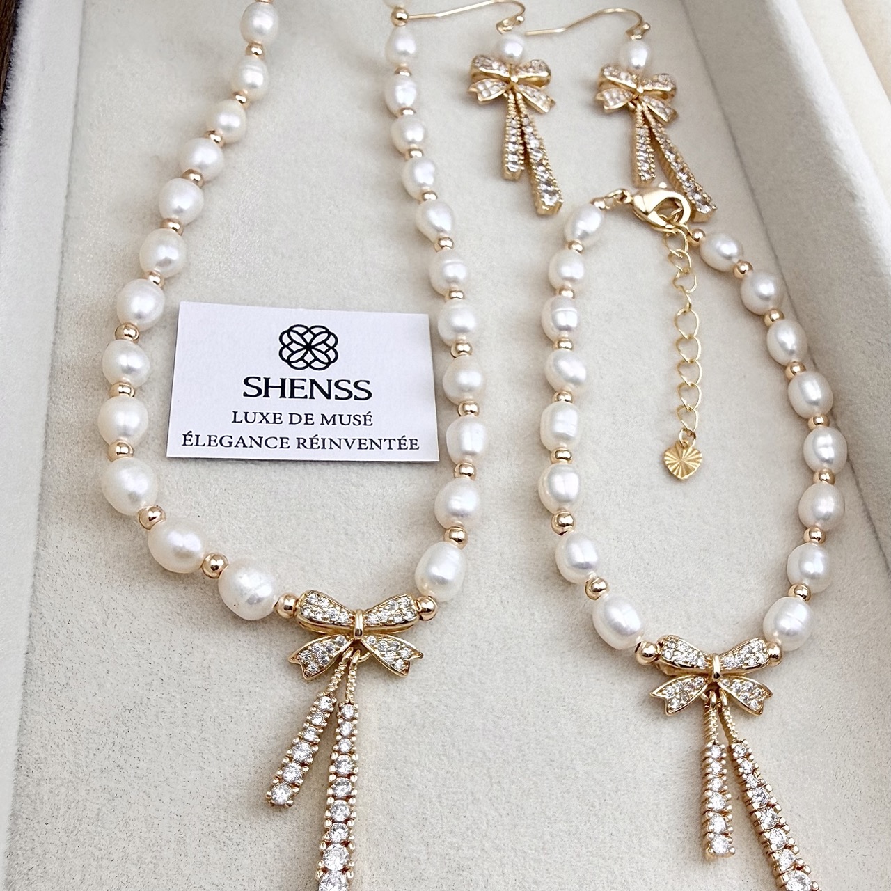천연 쌀알 모양 진주 리본 목걸이 팔찌 귀걸이 세트 라 - Pearl Necklace Set 리뷰 및 가격