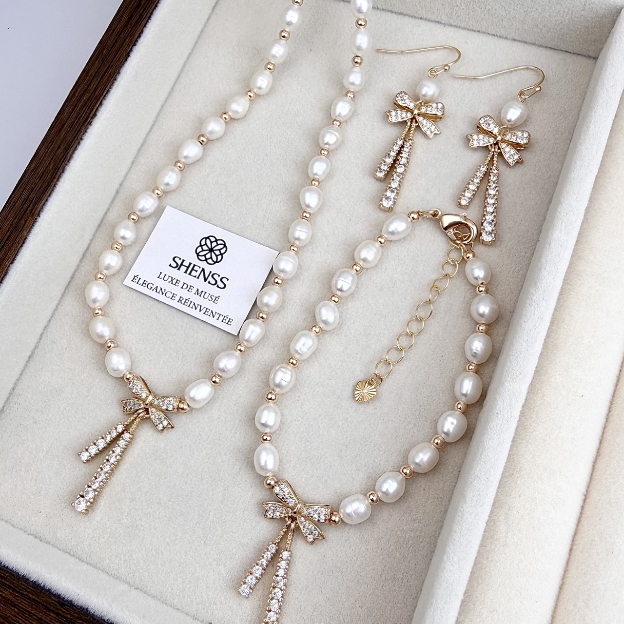 천연 쌀알 모양 진주 리본 목걸이 팔찌 귀걸이 세트 라 - Pearl Necklace Set 리뷰 및 가격