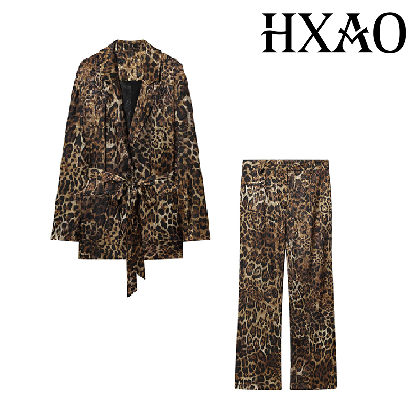 HXAO 레오파드 팬츠 세트 2피스 세트 빈티지 롱 블 - Women'S Formal Wear With Pants 리뷰 및 가격