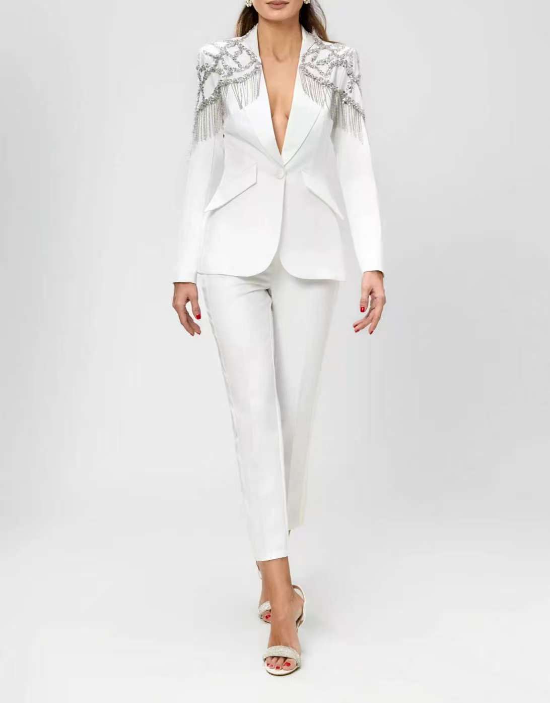 크리스탈 비즈 장식 여성 정장 세트 2피스 블레이저+바 - Women'S Formal Wear For Wedding Guest 리뷰 및 가격