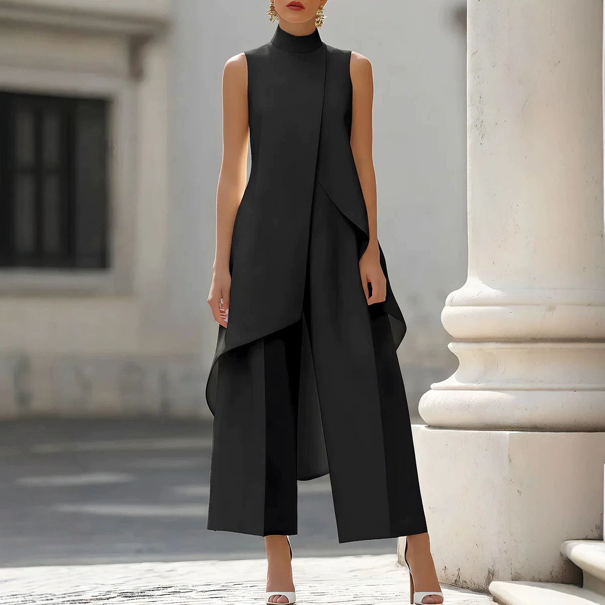여성 스탠드넥 슬리브리스 레이어드 롱 베스트 와이드 레 - Women'S Formal Wear With Pants 리뷰 및 가격