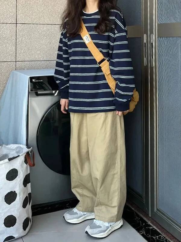 시크한 한국 슬레 스트라이프 긴팔 티셔츠 여성용 루즈  - Women Formal Wear Brands 리뷰 및 가격