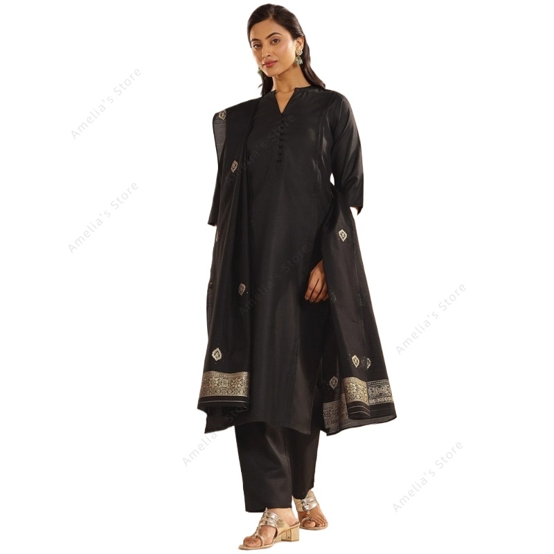 여성용 블랙 자카드 쿠르타 팬츠 두파타 3종 세트, 우 - Women Formal Wear Indian 리뷰 및 가격