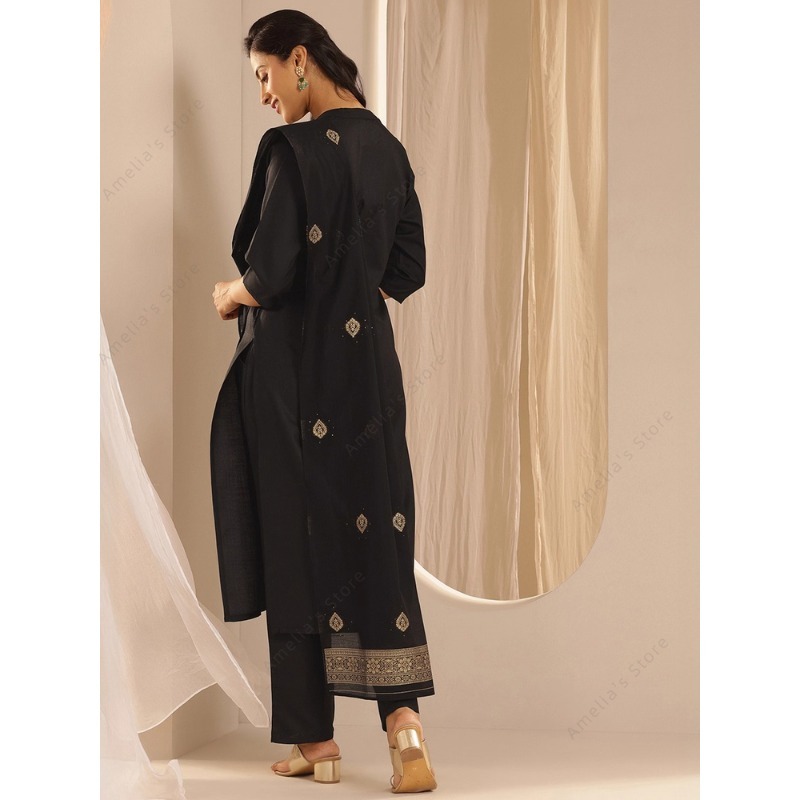 여성용 블랙 자카드 쿠르타 팬츠 두파타 3종 세트, 우 - Women Formal Wear Indian 리뷰 및 가격